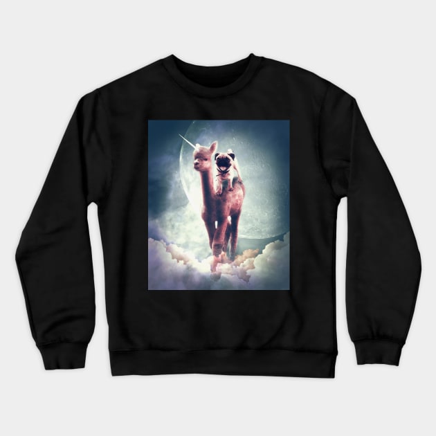 Funny Space Pug Riding On Alpaca Unicorn Crewneck Sweatshirt by Random Galaxy